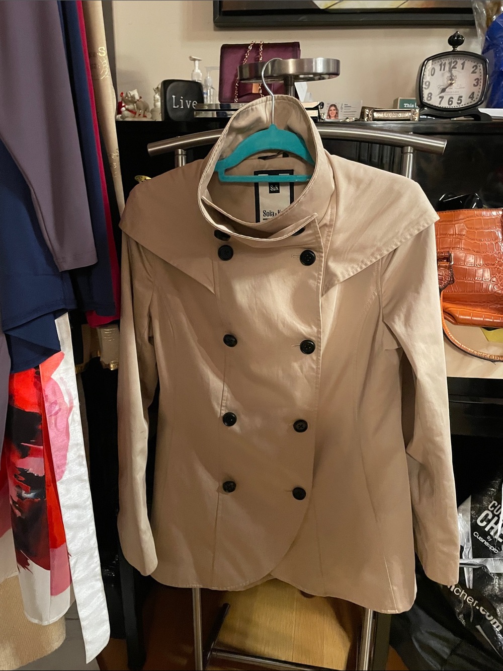 Soia & Kyo Double-Breasted Beige Hooded Trench Coat